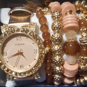 Set of 5 Bracelets w/Gold Band Watch.